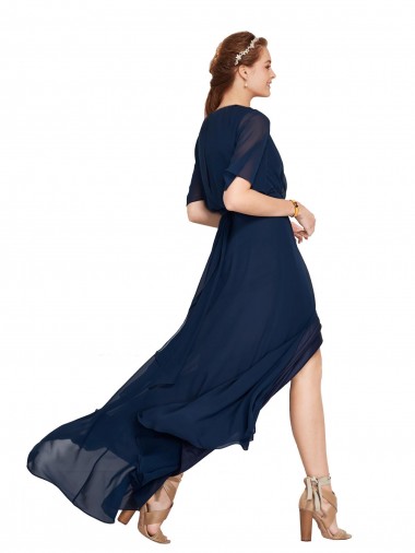 Marinha Negra Chiffon Linha A Mangas Esvoaçantes Decote V Longo Vestidos de Madrinha