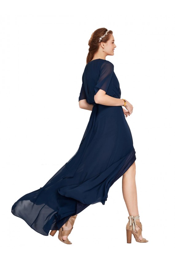 Marinha Negra Chiffon Linha A Mangas Esvoaçantes Decote V Longo Vestidos de Madrinha Acessíveis