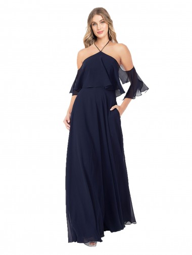 Marinha Negra Chiffon Linha A Ombro Frio, Mangas Esvoaçantes Decote Alto Longo Vestidos de Madrinha