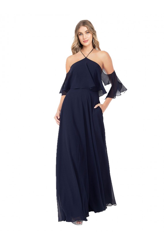 Marinha Negra Chiffon Linha A Ombro Frio, Mangas Esvoaçantes Decote Alto Longo Vestidos de Madrinha Acessíveis