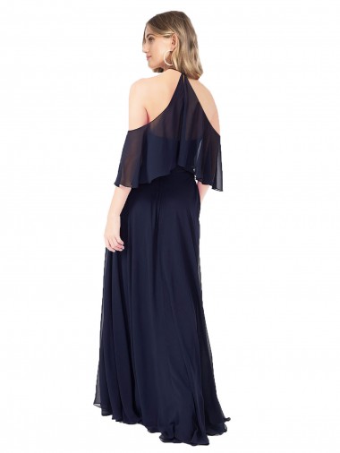 Marinha Negra Chiffon Linha A Ombro Frio, Mangas Esvoaçantes Decote Alto Longo Vestidos de Madrinha