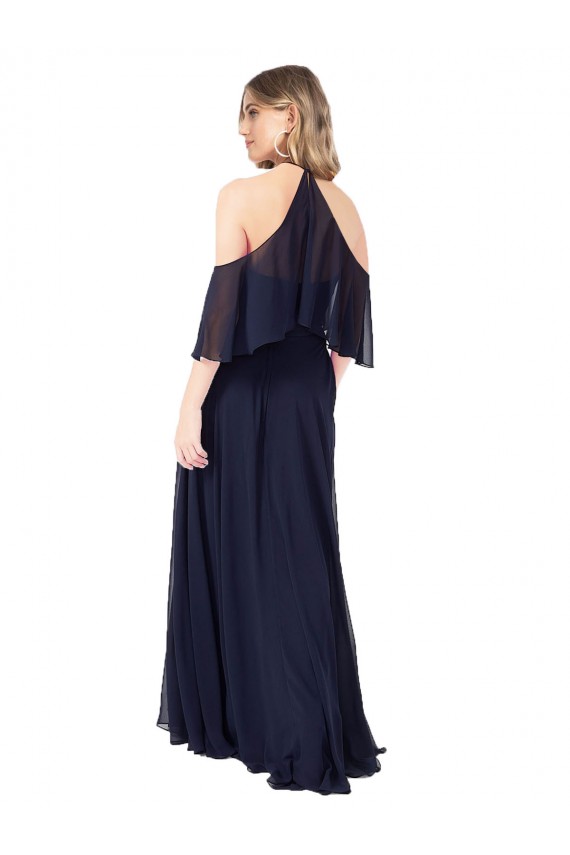 Marinha Negra Chiffon Linha A Ombro Frio, Mangas Esvoaçantes Decote Alto Longo Vestidos de Madrinha Acessíveis