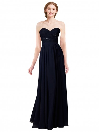 Marinha Negra Chiffon Linha A Sem Mangas Amor Longo Vestidos de Madrinha