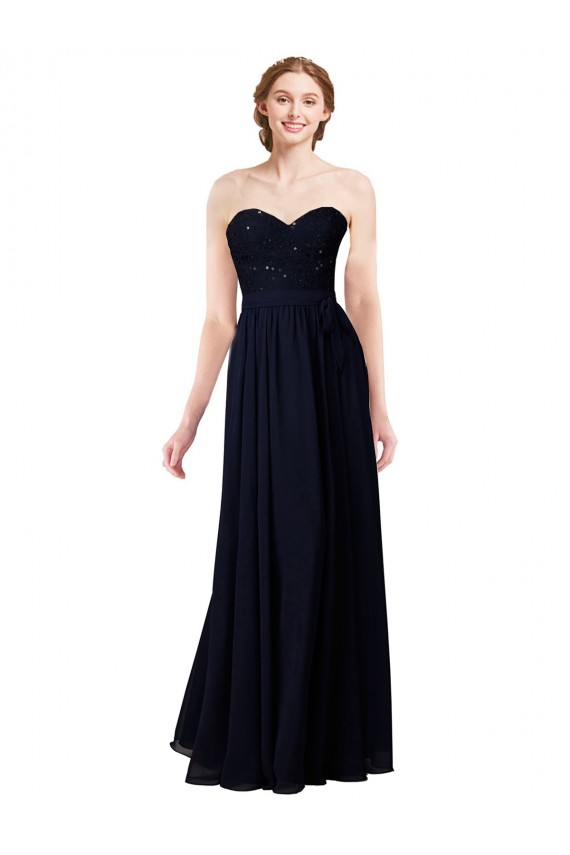 Marinha Negra Chiffon Linha A Sem Mangas Amor Longo Vestidos de Madrinha Acessíveis