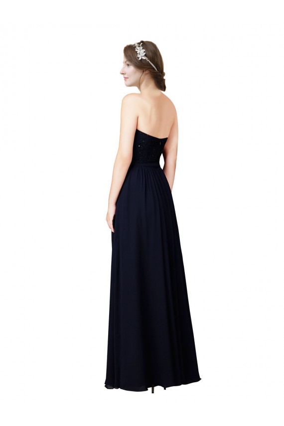 Marinha Negra Chiffon Linha A Sem Mangas Amor Longo Vestidos de Madrinha Acessíveis