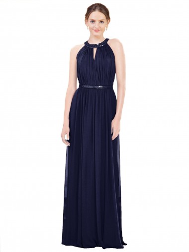 Marinha Negra Chiffon Linha A Sem Mangas Decote Alto Longo Vestidos de Madrinha