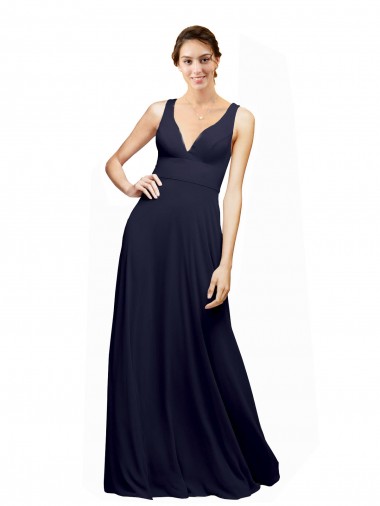 Marinha Negra Chiffon Linha A Sem Mangas Decote V Abrir de volta Longo Vestidos de Madrinha