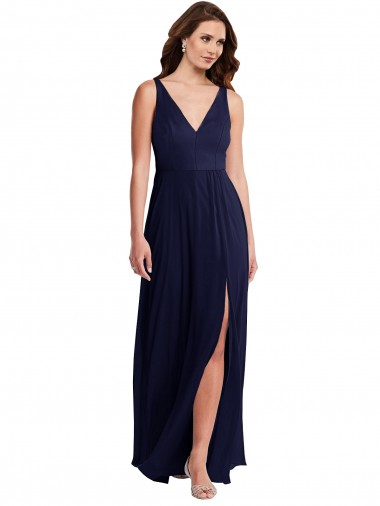 Marinha Negra Chiffon Linha A Sem Mangas Decote V Costas em V Longo Vestidos de Madrinha