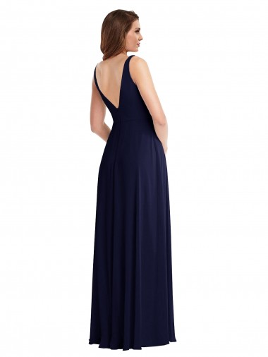 Marinha Negra Chiffon Linha A Sem Mangas Decote V Costas em V Longo Vestidos de Madrinha