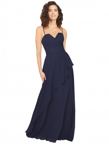Marinha Negra Chiffon Linha A Sem Mangas Decote V Lombar Longo Vestidos de Madrinha
