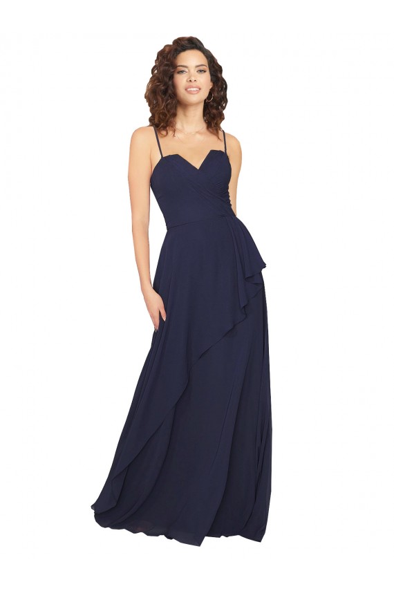 Marinha Negra Chiffon Linha A Sem Mangas Decote V Lombar Longo Vestidos de Madrinha Acessíveis