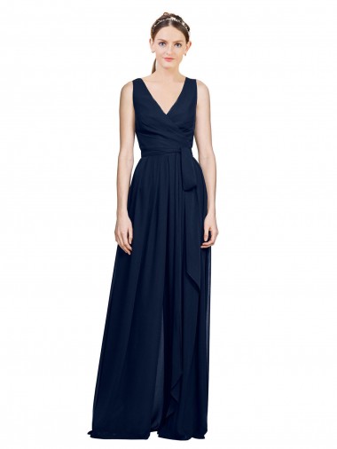 Marinha Negra Chiffon Linha A Sem Mangas Decote V Longo Vestidos de Madrinha