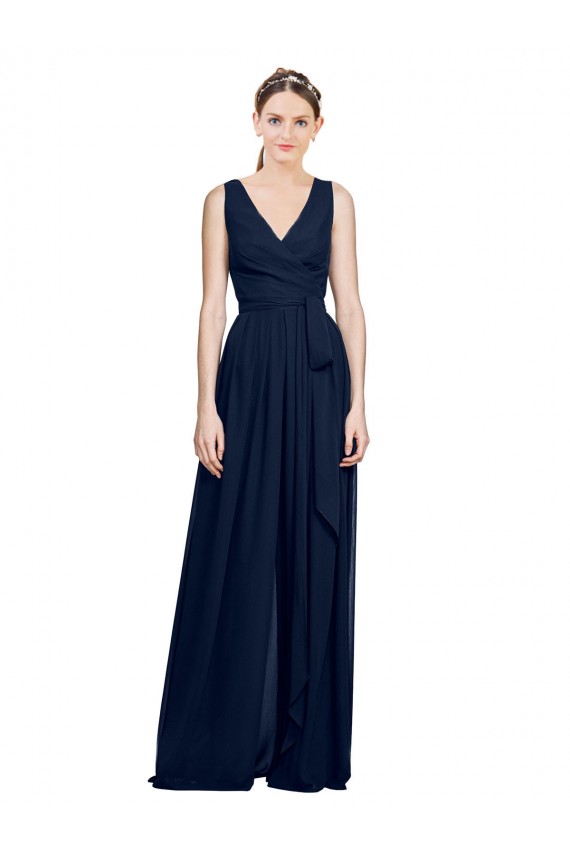 Marinha Negra Chiffon Linha A Sem Mangas Decote V Longo Vestidos de Madrinha Acessíveis