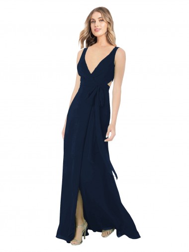 Marinha Negra Chiffon Linha A Sem Mangas Decote V Longo Vestidos de Madrinha