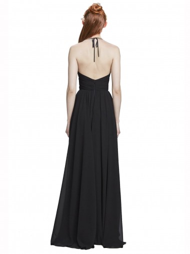 Marinha Negra Chiffon Linha A Sem Mangas Decote V Longo Vestidos de Madrinha / Vestidos de Baile