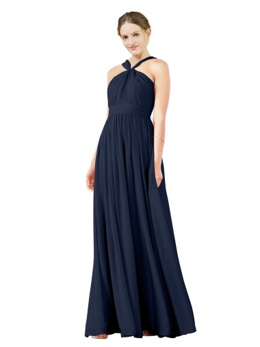 Marinha Negra Chiffon Linha A Sem Mangas Decote V Longo Vestidos de Madrinha / Vestidos de Baile / Vestidos de Noite