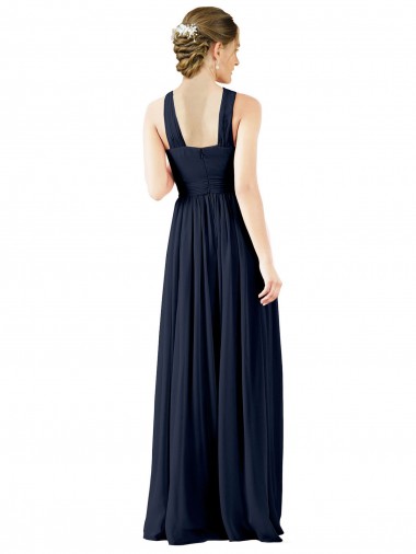 Marinha Negra Chiffon Linha A Sem Mangas Decote V Longo Vestidos de Madrinha / Vestidos de Baile / Vestidos de Noite