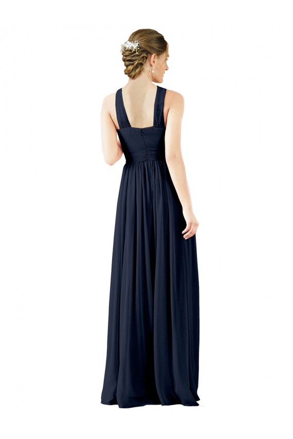 Marinha Negra Chiffon Linha A Sem Mangas Decote V Longo Vestidos de Madrinha / Vestidos de Baile / Vestidos de Noite Acessíveis