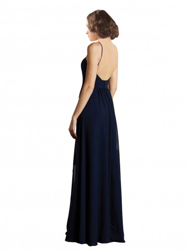 Marinha Negra Chiffon Linha A Sem Mangas Decote V Longo Vestidos de Madrinha / Vestidos de Baile / Vestidos de Noite