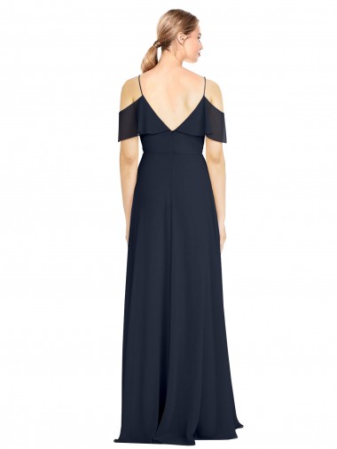 Marinha Negra Chiffon Linha A Sem Mangas Fora do Ombro Costas em V Longo Vestidos de Madrinha
