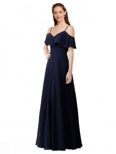 Marinha Negra Chiffon Linha A Sem Mangas Fora do Ombro Longo Vestidos de Madrinha