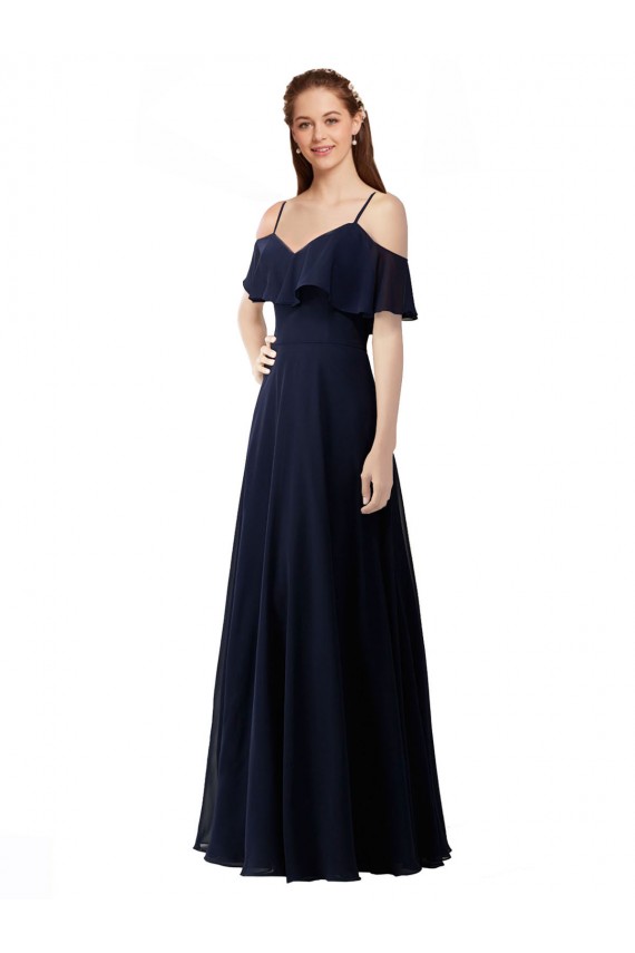 Marinha Negra Chiffon Linha A Sem Mangas Fora do Ombro Longo Vestidos de Madrinha