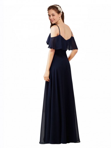 Marinha Negra Chiffon Linha A Sem Mangas Fora do Ombro Longo Vestidos de Madrinha