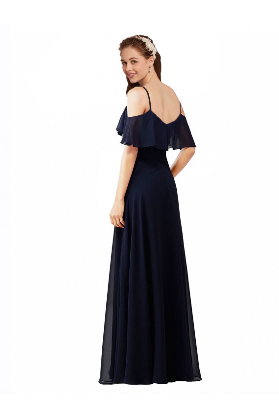 Marinha Negra Chiffon Linha A Sem Mangas Fora do Ombro Longo Vestidos de Madrinha