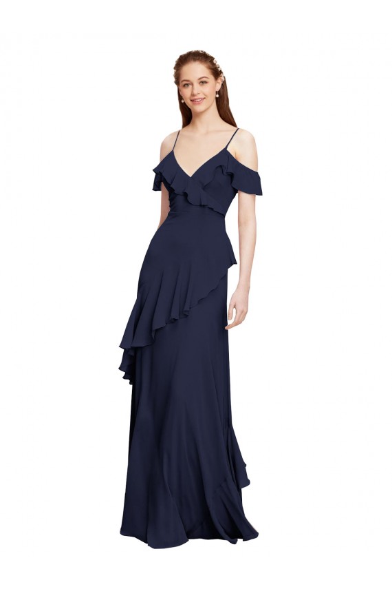 Marinha Negra Chiffon Linha A Sem Mangas Fora do Ombro Longo Vestidos de Madrinha / Vestidos de Baile Acessíveis