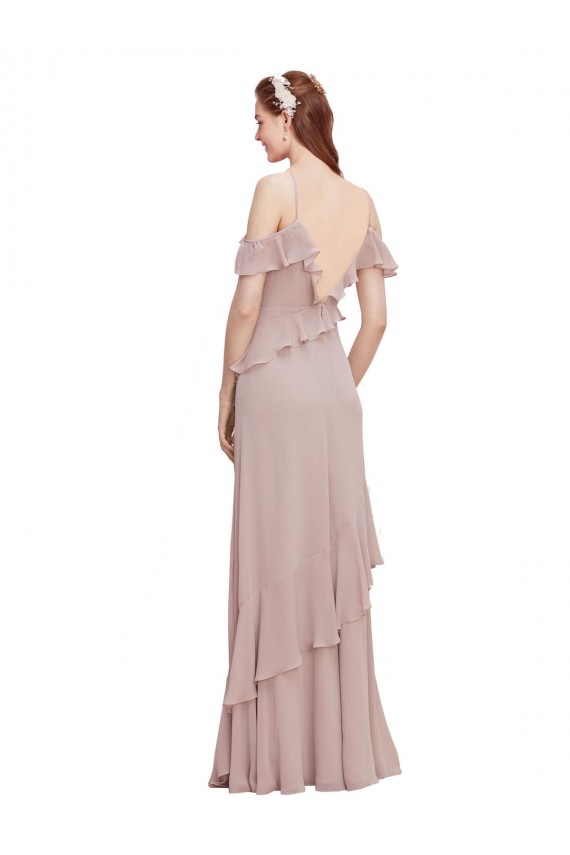 Marinha Negra Chiffon Linha A Sem Mangas Fora do Ombro Longo Vestidos de Madrinha / Vestidos de Baile Acessíveis