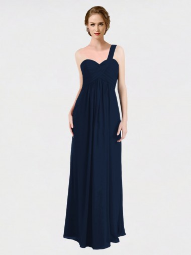 Marinha Negra Chiffon Linha A Sem Mangas Um Ombro Lombar Longo Vestidos de Madrinha