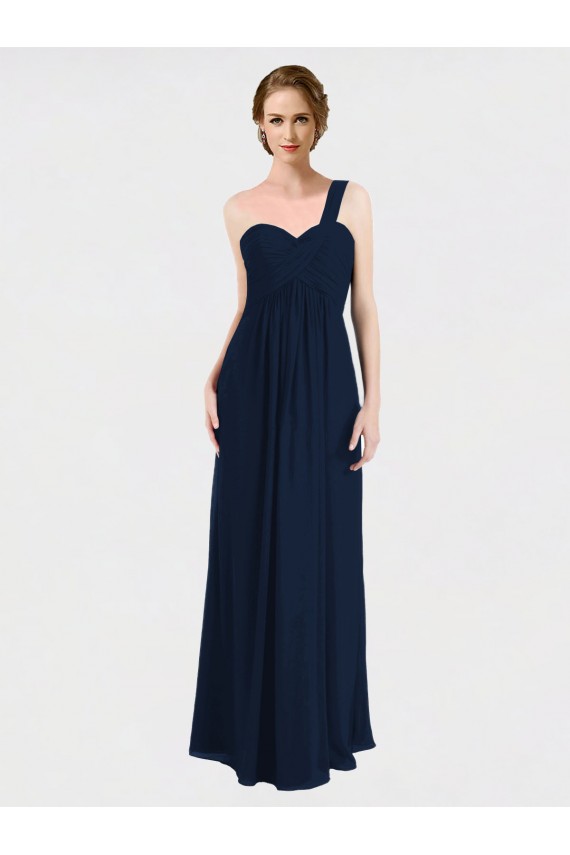 Marinha Negra Chiffon Linha A Sem Mangas Um Ombro Lombar Longo Vestidos de Madrinha Acessíveis