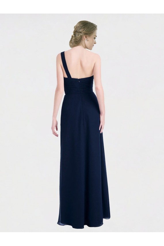 Marinha Negra Chiffon Linha A Sem Mangas Um Ombro Lombar Longo Vestidos de Madrinha Acessíveis
