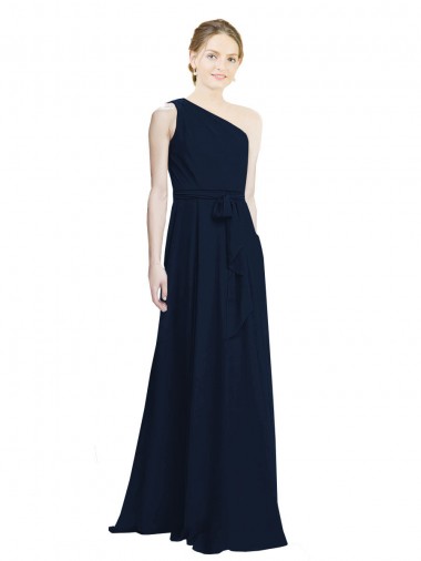 Marinha Negra Chiffon Linha A Sem Mangas Um Ombro Longo Vestidos de Madrinha