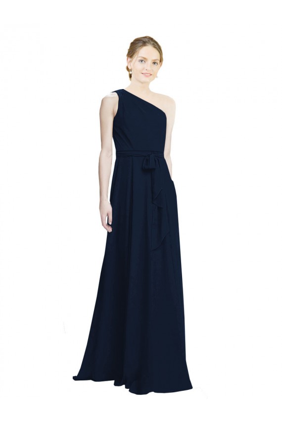 Marinha Negra Chiffon Linha A Sem Mangas Um Ombro Longo Vestidos de Madrinha Acessíveis