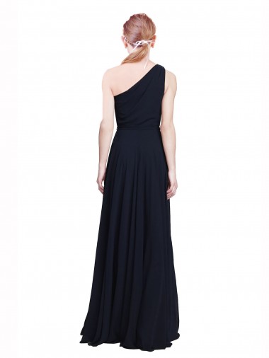 Marinha Negra Chiffon Linha A Sem Mangas Um Ombro Longo Vestidos de Madrinha
