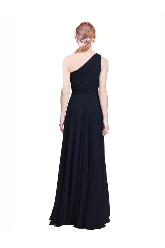 Marinha Negra Chiffon Linha A Sem Mangas Um Ombro Longo Vestidos de Madrinha Acessíveis