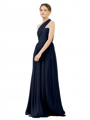 Marinha Negra Chiffon Linha A Sem Mangas Um Ombro Longo Vestidos de Madrinha