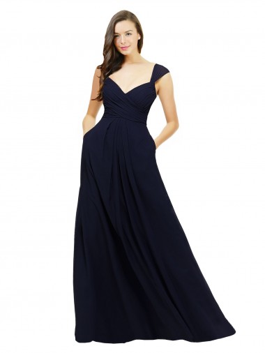 Marinha Negra Chiffon Sem Mangas Amor Linha A Longo Vestidos de Madrinha