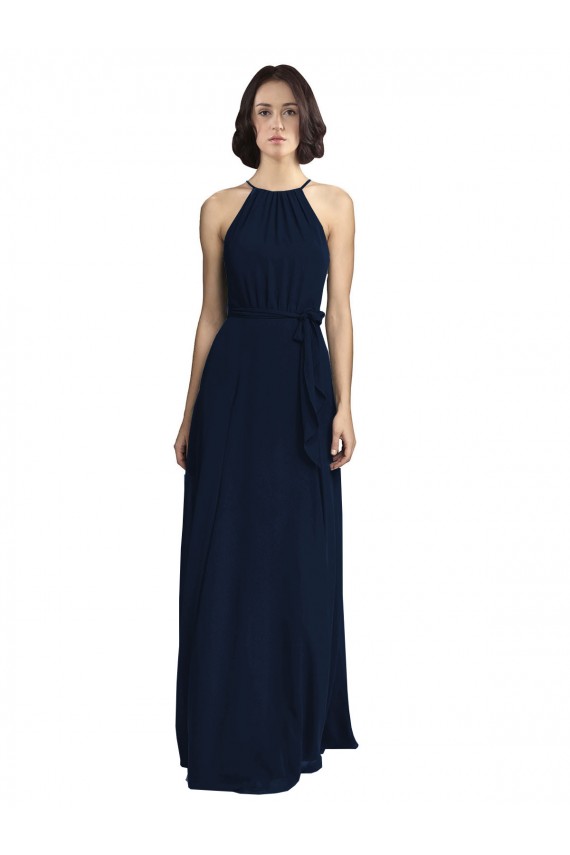 Marinha Negra Chiffon Sem Mangas Decote Alto Linha A Longo Vestidos de Madrinha Acessíveis