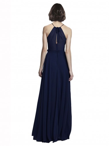 Marinha Negra Chiffon Sem Mangas Decote Alto Linha A Longo Vestidos de Madrinha