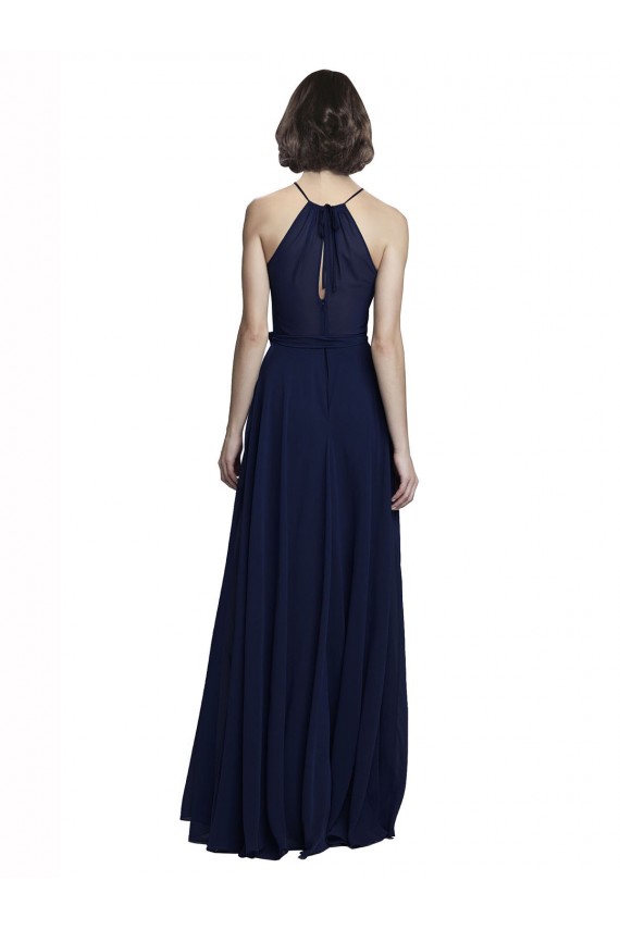 Marinha Negra Chiffon Sem Mangas Decote Alto Linha A Longo Vestidos de Madrinha Acessíveis