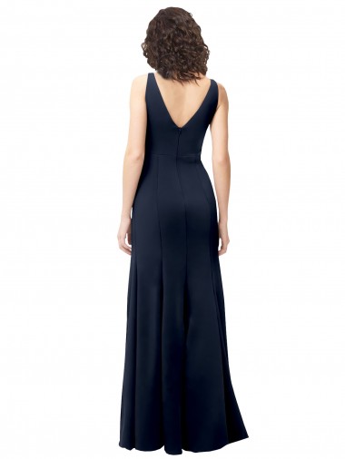 Marinha Negra Crepe Esticado Linha A Costas em V Decote Alto Longo Formais Vestidos de Madrinha / Vestidos de Noite / Vestidos de Festa