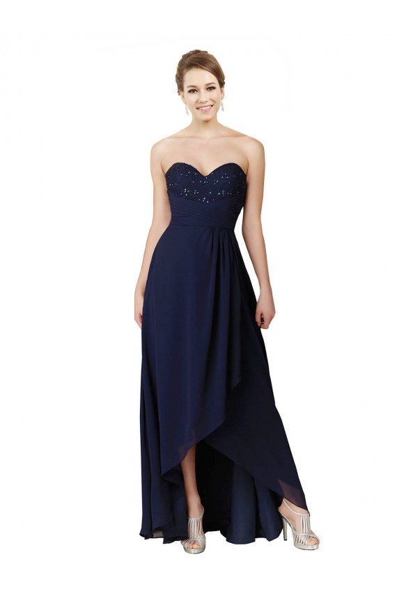 Marinha Negra Linha A Amor Alto Baixo Chiffon Alto Baixo, Longo Alto Baixo Vestidos de Madrinha Acessíveis