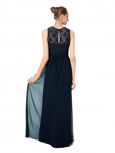 Marinha Negra Linha A Barco Chiffon & Renda Longo Vestidos de Madrinha