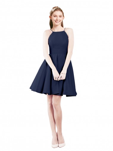 Marinha Negra Linha A Cabeçada Cetim Curto Vestidos de Madrinha / Vestidos de Homecoming