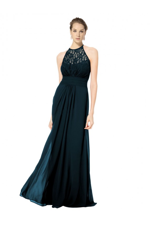 Marinha Negra Linha A Cabeçada Chiffon & Renda Longo Vestidos de Madrinha Acessíveis