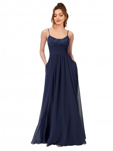 Marinha Negra Linha A Colher Chiffon & Renda Longo Vestidos de Madrinha