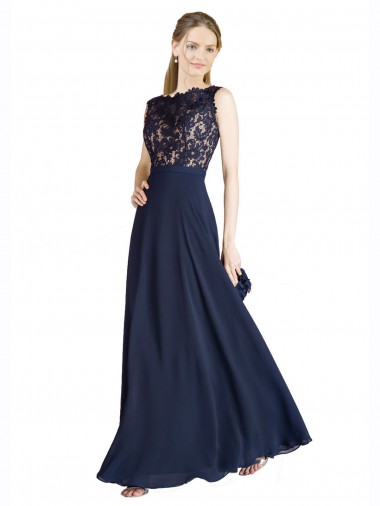 Marinha Negra Linha A Decote Ilusão Chiffon & Renda Longo Vestidos de Madrinha / Vestidos de Festa