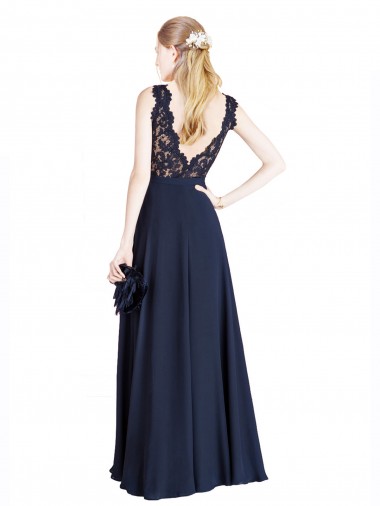 Marinha Negra Linha A Decote Ilusão Chiffon & Renda Longo Vestidos de Madrinha / Vestidos de Festa